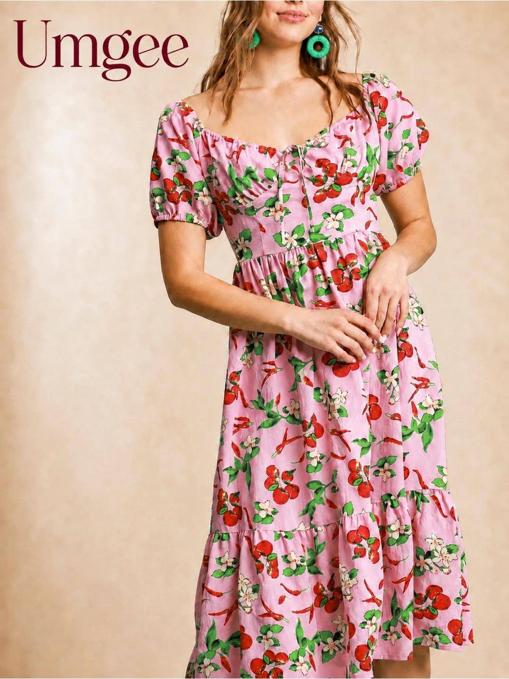 Umgee Pink On/Off Shoulder Cherry, Green Hot Pepper &
Floral Midi Dress NEW